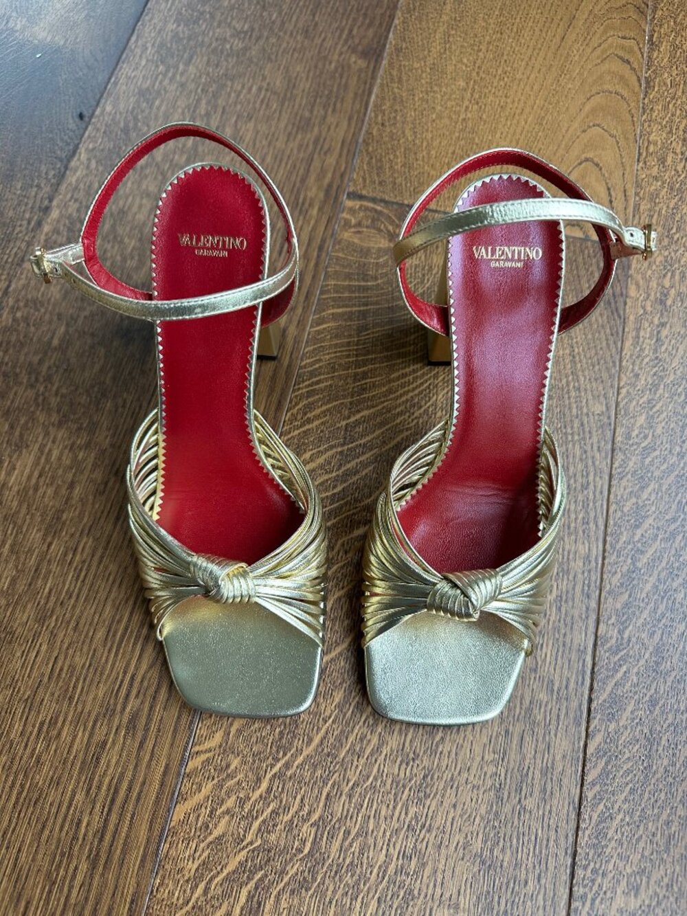 Valentino 90mm VLogo Anne Metallic Leather Block-Heel Sandals , New, Perfect